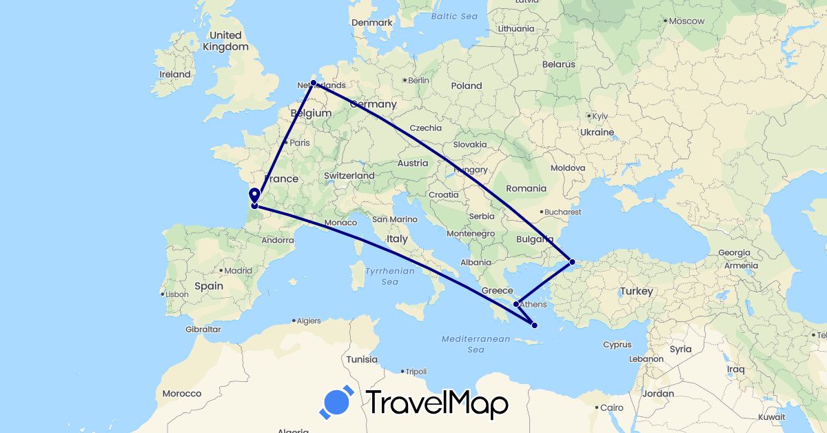 TravelMap itinerary: driving in France, Greece, Netherlands, Turkey (Asia, Europe)